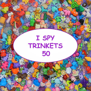 I Spy TRINKETS (50) - smaller trinkets for bags, bottles, sensory bins, games, teaching, 1" toys, tiny toys, small toys. No Duplicates!