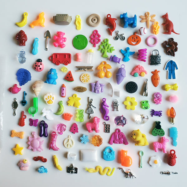 I SPY TRINKETS (100) - Trinkets for I Spy Bags and Bottles-sensory bins-teaching-tiny toys- No Duplicates