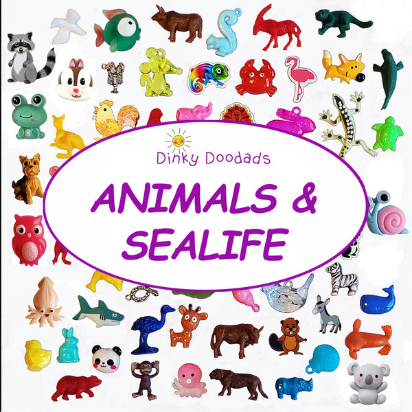 ANIMALS & SEA LIFE (40) trinkets for I Spy bags, sorting games, party decor, party favors, miniature animals, small animals. - Dinky Doodads