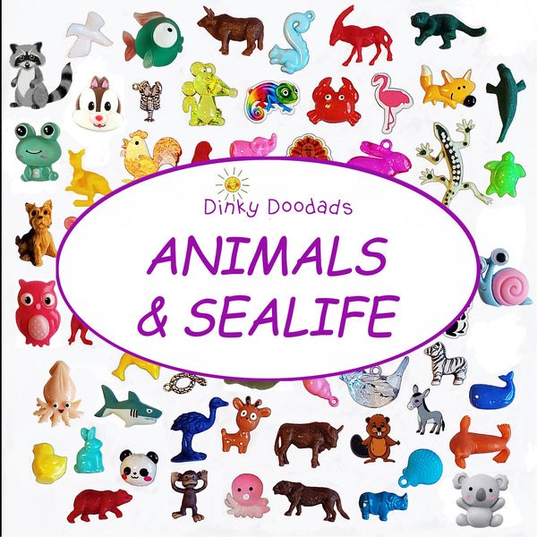 ANIMALS & SEA LIFE (40) trinkets for I Spy bags, sorting games, party decor, party favors, miniature animals, small animals. - Dinky Doodads