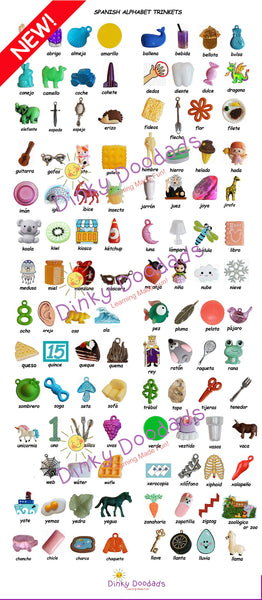 SPANISH ALPHABET - 111 pc - for sensory bins, education, games, ABC, I Spy bags, alphabet trinkets, Dinky Doodads