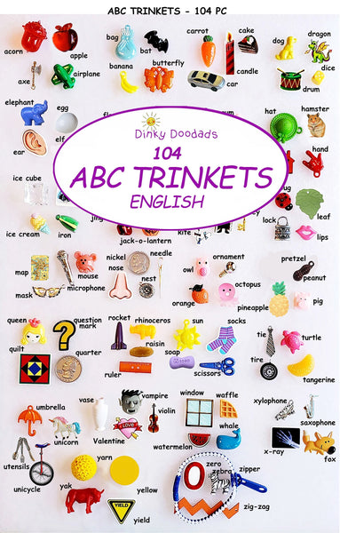 ALPHABET TRINKETS - 104 pc - Speech therapy - homeschooling, education, games, I Spy bags, alphabet trinkets, trinkets