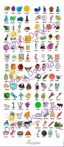 SPANISH ALPHABET - 111 pc - for sensory bins, education, games, ABC, I Spy bags, alphabet trinkets, Dinky Doodads
