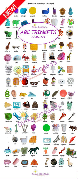 SPANISH ALPHABET - 111 pc - for sensory bins, education, games, ABC, I Spy bags, alphabet trinkets, Dinky Doodads