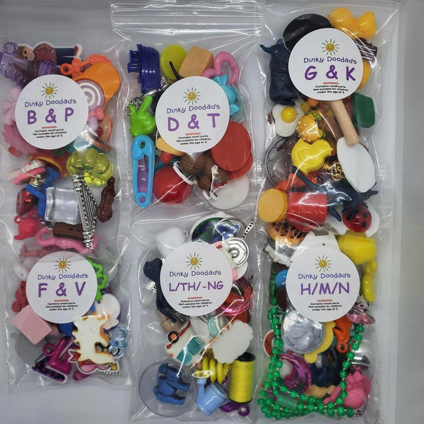 SPEECH THERAPY TRINKETS | 619 Pieces | Large quantity | Resin, acrylic, metal | Organized by sound groups | Phonological awareness tools